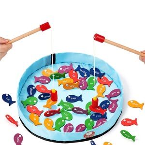 GAMENOTE Sight Words Wooden Magnetic Fishing Game - 220 Fish, Phonic Games